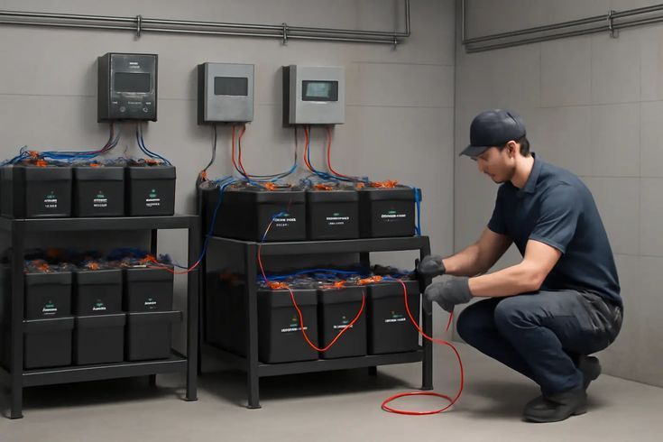 Technician wiring a multi-battery UPS Batteries battery bank with red and black cables in a utility room